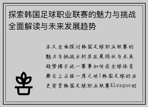 探索韩国足球职业联赛的魅力与挑战全面解读与未来发展趋势